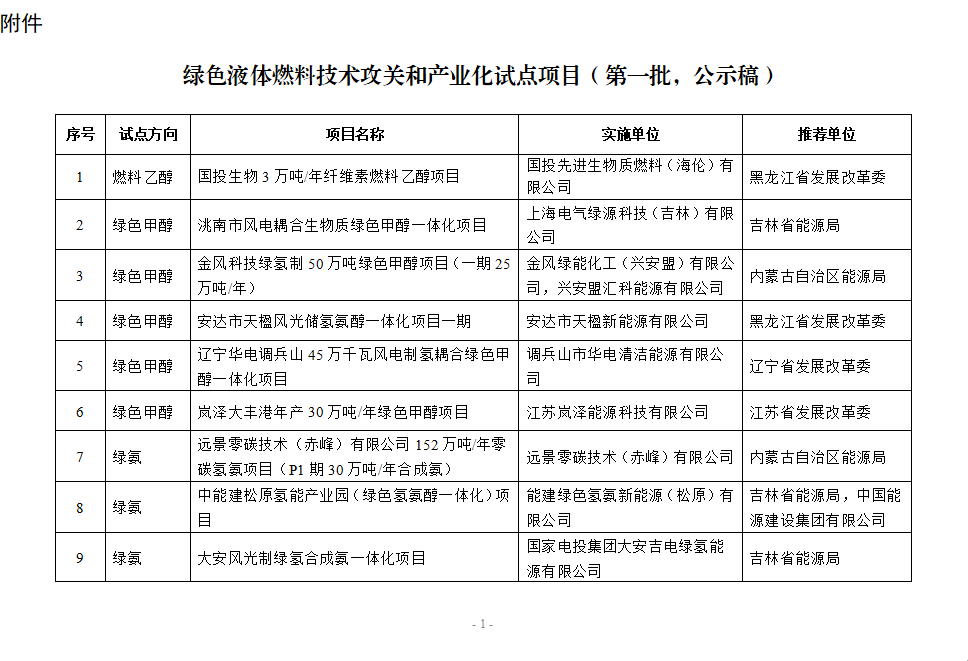 国家能源局综合司关于公示绿色液体燃料技术攻关和产业化试点项目（第一批）的通知